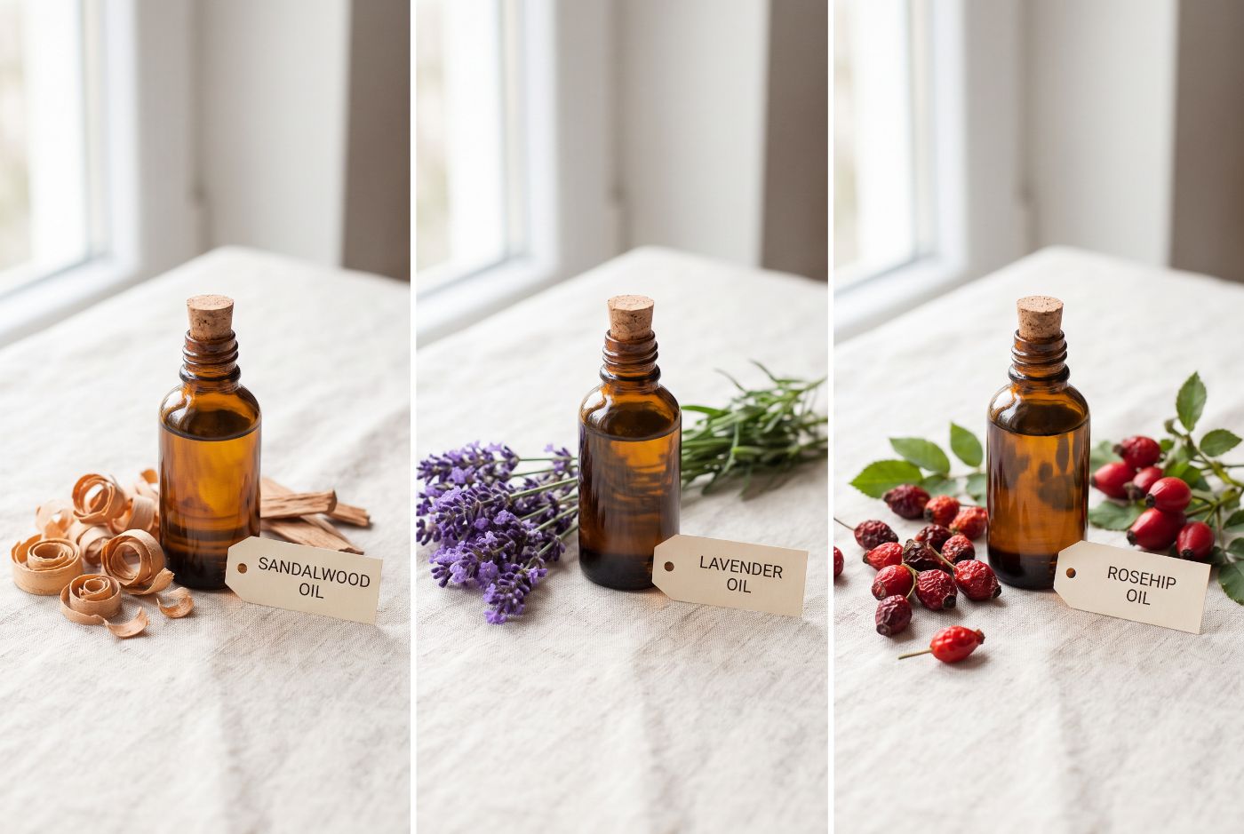 Three amber oil bottles labelled sandalwood, lavender and rosehip with their botanicals