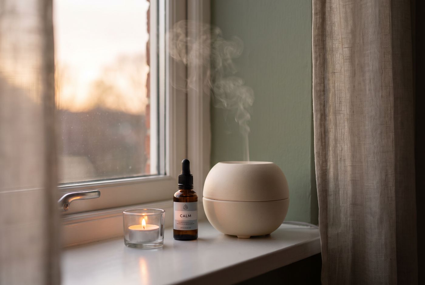 An amber oil bottle, lit candle and ceramic diffuser on a windowsill at dusk