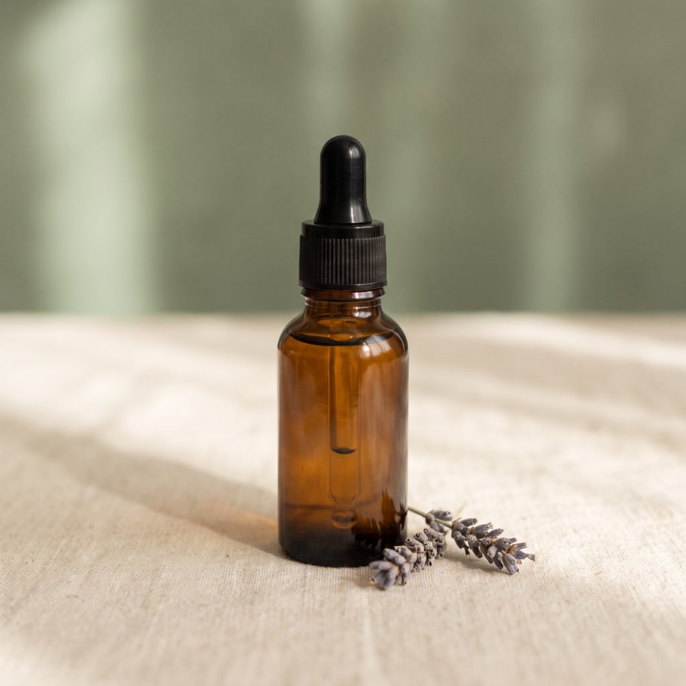 Amber glass dropper bottle with lavender
